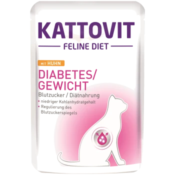 Kattovit Feline Diet für diabetische Katzen, Hühnergeschmack, betont niedrige Kohlenhydrate und Blutzuckerregulation.