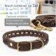 Geflochtenes braunes Leder-Hundeleinen- und Halsbandset mit goldenen Beschlägen, mit dem Text: 'Optional erhältlich: Das passende Halsband zur Leine.'