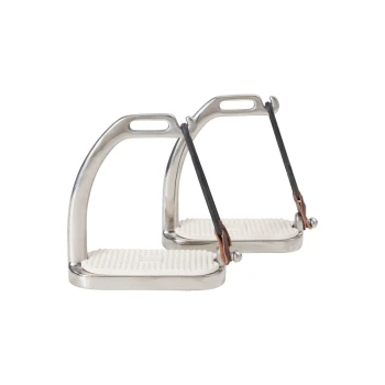 Edelstahl-Horse-Stirrup mit Gummigriffen und Lederriemen, die eine strukturierte Fußfläche für Traktion aufweisen.