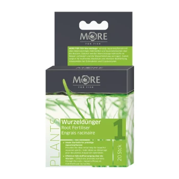 'MORE FOR FISH Wurzel-Dünger'-Verpackung mit grünen Wasserpflanzen-Grafiken und zweisprachigem Text zu den Vorteilen für Aquarienpflanzen.