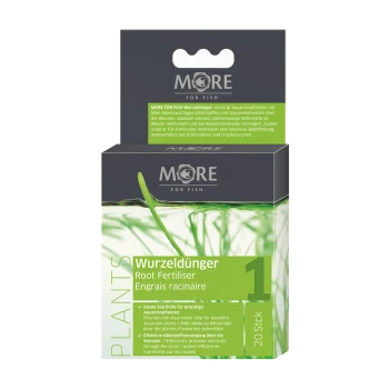 "MORE FOR FISH Root Fertiliser packaging with green aquatic plant graphics and bilingual text on benefits for aquarium plants."
