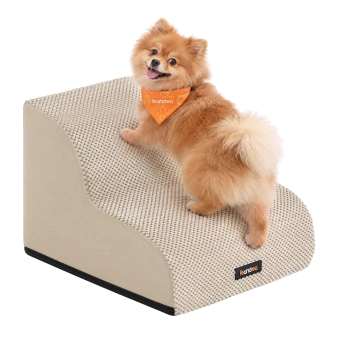 Corgi steigt eine graue, strukturierte Haustiertreppe zur Couch hinauf, trägt ein orangefarbenes Halstuch mit der Aufschrift 'leandrea'.