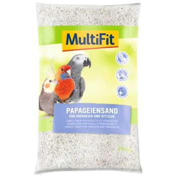 25 kg Sack MultiFit Papageiensand mit Bildern eines Nymphensittichs, eines Wellensittichs und eines Graupapageis. Text: "Papageiensand für Papageien und Sittiche."