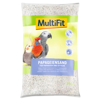 25 kg Sack MultiFit Papageiensand mit Bildern eines Nymphensittichs, eines Wellensittichs und eines Graupapageis. Text: "Papageiensand für Papageien und Sittiche."