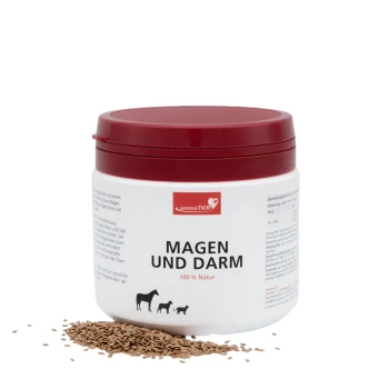 Weißer Behälter mit rotem Deckel, beschriftet mit „Magen und Darm 100% Natur“ für Haustiere, zeigt Silhouetten von Pferd, Hund und Katze.