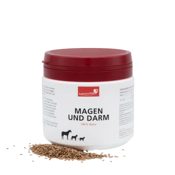Weißer Behälter mit rotem Deckel, beschriftet mit „Magen und Darm 100% Natur“ für Haustiere, zeigt Silhouetten von Pferd, Hund und Katze.