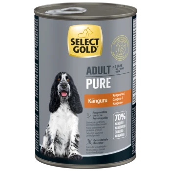 Select Gold Adult Pure Kangaroo hondenvoerblik met zwart-wit hondenafbeelding, 70% kangoeroe, graanvrije formule.
