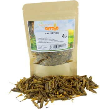Grashüpfer 25g Verpackte Heuschrecken für kleine Haustiere, beschriftet mit "GETZOO GRASHÜPFER", 100% natürlich, 25g, mit ernährungsphysiologischen Vorteilen für kleine Nagetiere.