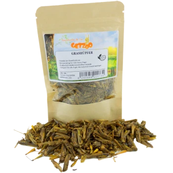 Verpackte Heuschrecken für kleine Haustiere, beschriftet mit "GETZOO GRASHÜPFER", 100% natürlich, 25g, mit ernährungsphysiologischen Vorteilen für kleine Nagetiere.