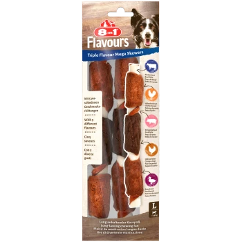 8in1 Flavours Triple Flavour Mega Skewers Hundeleckerlis mit Rind, Huhn, Schwein, Leber und Ente, für Hunde über 25 kg.