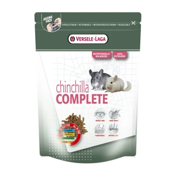 Eine Tüte Versele-Laga Chinchilla Complete Hundefutter mit zwei Chinchillas, beschriftet mit "Nahrhaft ausgewogen" und "100% extrudiert."