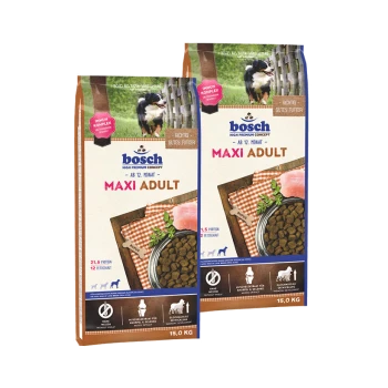 Zwei Säcke Bosch Maxi Adult Hundefutter, jeweils 15,0 kg, mit einem Bild eines Hundes und Trockenfutter in einer Schüssel, mit Nährwertangaben.