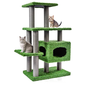 Ein grüner Katzenbaum mit mehreren Ebenen, auf dem eine graue Katze auf einem unteren Regal sitzt und ein getigertes Kätzchen die oberste Ebene erkundet.