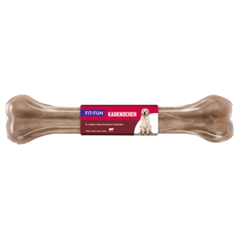 Kauknochen für Hunde mit der Aufschrift "FIT+FUN KAUKNOCHEN", in Form eines braunen Knochens mit einem Hundebild und mehrsprachigem Text.