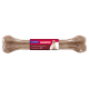 Kauknochen für Hunde mit der Aufschrift "FIT+FUN KAUKNOCHEN", in Form eines braunen Knochens mit einem Hundebild und mehrsprachigem Text.
