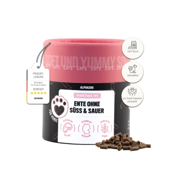 Trainingssnack für Hunde, "Ente ohne süß & sauer" von Alphazoo, mit einem rosa Behälter, wichtigen Details zu den Zutaten und einer 4-Sterne-Bewertung.
