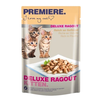Kat voedselverpakking met drie speelse kittens, een bord met kippenstukjes, en de tekst "DELUXE RAGOUT KITTEN" in vet roze.