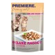 Emballage de nourriture pour chats avec trois chatons joueurs, une assiette de morceaux de poulet, et le texte "DELUXE RAGOUT KITTEN" en rose vif.