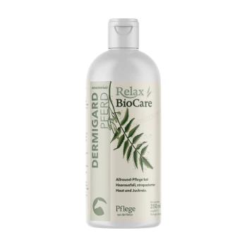 Flasche Relax BioCare Dermigard für Haustiere, 250 ml, mit einem grünen Blätterdesign und Text über Haut- und Haarpflege.
