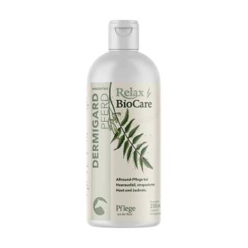 Flasche Relax BioCare Dermigard für Haustiere, 250 ml, mit einem grünen Blätterdesign und Text über Haut- und Haarpflege.