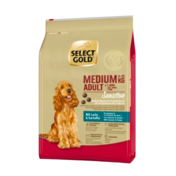 Select Gold Medium Adult dog food bag featuring a golden cocker spaniel, labeled "Sensitive" with salmon and potato ingredients.