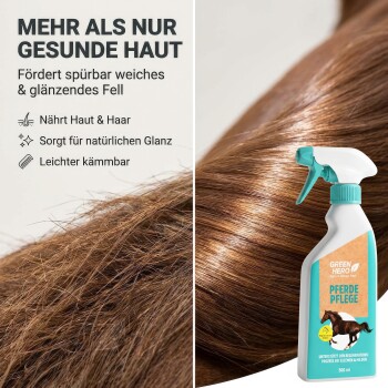 Eine Flasche 'GREEN HERO' Pferdepflege-Spray neben einem Schwamm, mit einem Text, der die Verwendung für empfindliche Tiere empfiehlt.