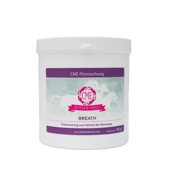 Weißer Behälter mit der Aufschrift 'CME Pilzmischung' mit 'BREATH' in Fettdruck, fördert die Atemgesundheit für Pferde, 300g.