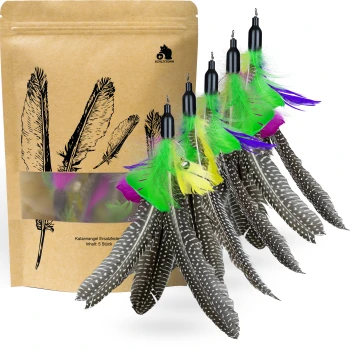 Bunte Feder-Katzenspielzeug-Ersatzteile in einer braunen Papiertüte, beschriftet mit 'Katzenangel Ersatzteile' und 'Inhalt: 5 Stück.'