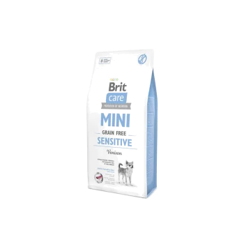 Worek karmy dla psów Brit Care Mini Sensitive Grain Free z dziczyzną, z białym i niebieskim wzorem oraz ilustracją psa.