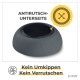 Rutschfeste Haustierschüssel mit einer strukturierten schwarzen Oberfläche, mit dem Text "Kein Umkippen Kein Verrutschen" und "Antirutsch-Unterseite."