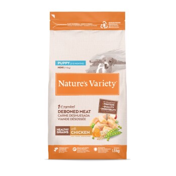 Sac de nourriture Nature's Variety pour chiot (Mini, 2–12 mois) — viande désossée au poulet, céréales saines, 1,5 kg.