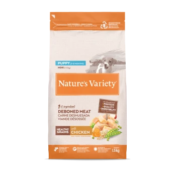 Sac de nourriture Nature's Variety pour chiot (Mini, 2–12 mois) — viande désossée au poulet, céréales saines, 1,5 kg.