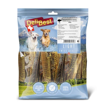 DeliBest Hundeleckerli-Paket mit Straußenfleisch-Sticks, gekennzeichnet mit "Light" und "Schweizer Qualität", mit Nährwertinformationen und glutenfreier Zertifizierung.