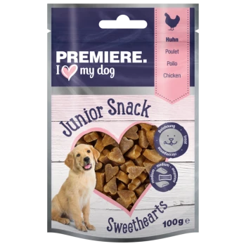 Verpackung für Hundeleckerlis mit "Premiere. Ich ❤️ meinen Hund" mit einem Golden Retriever Welpen, herzförmigen Snacks und dem Etikett "Junior Snack Sweethearts".