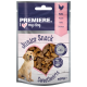 Opakowanie przysmaków dla psów z napisem "Premiere. I ❤️ my dog" z szczeniakiem golden retrievera, sercowymi przekąskami i etykietą "Junior Snack Sweethearts".