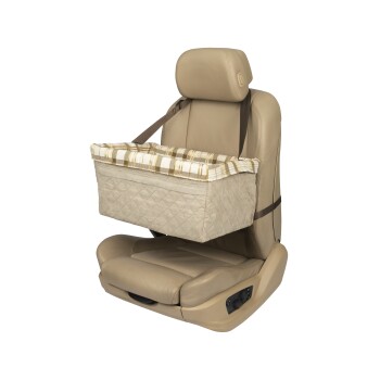 Tierautositz-Booster mit einer gesteppten beige Basis und einem karierten Kissen, entworfen für die Sicherheit von Tieren während der Reise.