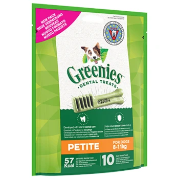Friandises dentaires Greenies pour chiens, taille petite (8-11 kg), 10 friandises par paquet, 57 Kcal chacune, présentant un chien sur l'emballage.