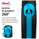 Laisse rétractable Flexi avec un système de guidage à 360°, avec une sangle bleue et une poignée noire, mettant en avant un texte sur sa fonctionnalité.