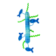 Jouet vertical en peluche bleu pour chat avec quatre poissons bleus attachés et rubans verts ondulés sur fond blanc