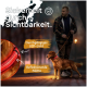 Ein Mann führt einen Golden Retriever in einem hellen LED-Halsbandgeschirr, mit Text, der Sicherheitsmerkmale hervorhebt.