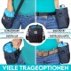 Denim-Leckerli-Tasche für Haustiere mit blauer Innenseite, mit Schultergurt, Gürtelclip und Taillengurt. Text: "VIELE TRAGEOPTIONEN."