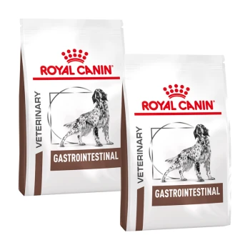Deux sacs de nourriture pour chiens Royal Canin Veterinary Gastrointestinal, présentant une silhouette de chien et le logo de la marque affiché en évidence.
