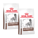 Zwei Säcke Royal Canin Veterinär-Gastrointestinal-Hundefutter, mit einer Silhouette eines Hundes und dem markanten Logo der Marke.