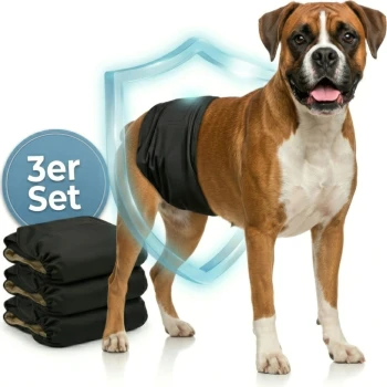 Ein schwarzer Labrador in einer blauen Windel steht stolz mit drei bunten Windeln hinter sich. Text: "3er-Set."
