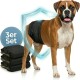 Ein schwarzer Labrador in einer blauen Windel steht stolz mit drei bunten Windeln hinter sich. Text: "3er-Set."
