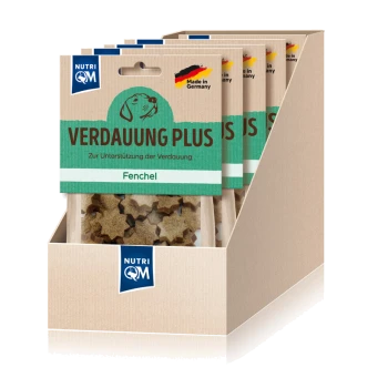 Hundeleckerlis in Sternform, beschriftet mit "VERDAUUNG PLUS" zur Unterstützung der Verdauung mit Fenchel, hergestellt in Deutschland, in einer Box präsentiert.