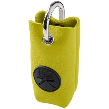 Limonengelber Kunstleder-Kotbeutelspender mit silbernem Karabiner und schwarzem rundem "HUNTER"-Logo