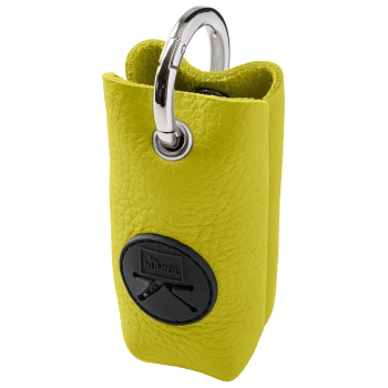 Limonengelber Kunstleder-Kotbeutelspender mit silbernem Karabiner und schwarzem rundem "HUNTER"-Logo