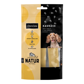 Verpackung des Kaukäse-Snacks von Chewies mit einem glücklichen Hund, gekennzeichnet mit 'Kaukäse', der Gemüse, Zahnpflege, getreidefrei und ohne Zuckerzusatz hervorhebt.