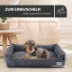 Ein gemütliches Hundebett mit einem Dackel, der einen grünen Schal trägt, mit der Bildunterschrift 'ZUM EINKUSCHELN schafft ein gemütliches Ambiente.'